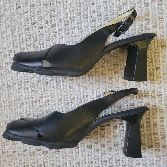 Y2K Vintage Womens 7 Black Leather Slingback Heels Chunky Sole Peep Toe - Picture 4 of 7